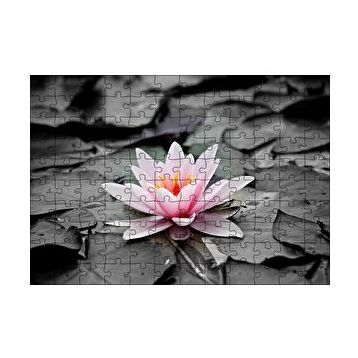 Cakapuzzle Siyah Beyaz Lotus Yaprakları ve Pembe Nilüfer Çiçeği 120 Parça Ahşap Puzzle