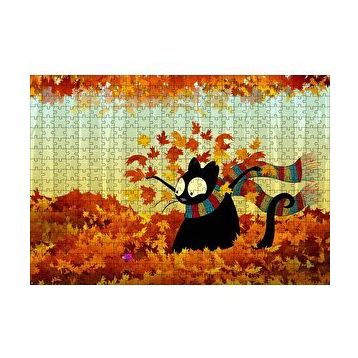 Cakapuzzle Sonbahar Atkılı Kara Kedi Ve Fare Görseli 120 Parça Ahşap Puzzle