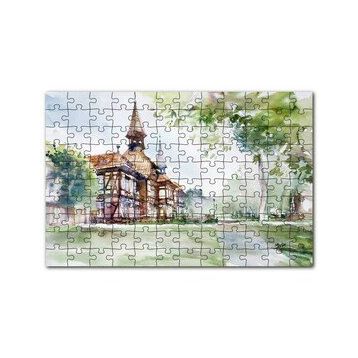 Cakapuzzle Suluboya Efekt Binalar ve Ağaçlar Çizim 120 Parça Ahşap Puzzle