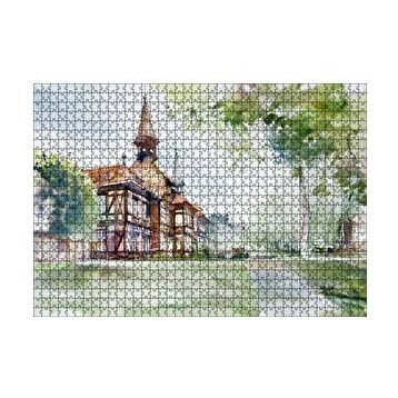 Cakapuzzle Suluboya Efekt Binalar ve Ağaçlar Çizim 120 Parça Ahşap Puzzle