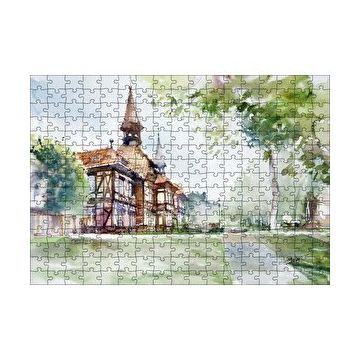 Cakapuzzle Suluboya Efekt Binalar ve Ağaçlar Çizim 120 Parça Ahşap Puzzle