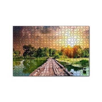 Cakapuzzle Tahta Köprü Göl Ağaçlar Bulutlu Güneş Görseli 120 Parça Ahşap Puzzle