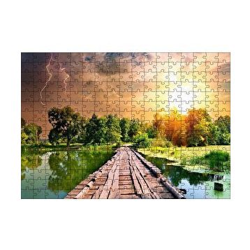 Cakapuzzle Tahta Köprü Göl Ağaçlar Bulutlu Güneş Görseli 120 Parça Ahşap Puzzle