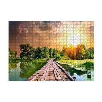 Cakapuzzle Tahta Köprü Göl Ağaçlar Bulutlu Güneş Görseli 120 Parça Ahşap Puzzle