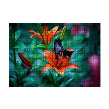 Cakapuzzle Truncu Lilyum Çiçeği Ve Mavi Kelebek Görseli 120 Parça Ahşap Puzzle