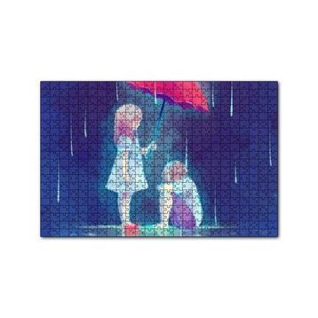 Cakapuzzle Yağmurda Kırmızı Şemsiyeli Küçük Kız ve Erkek Çizim 120 Parça Ahşap Puzzle