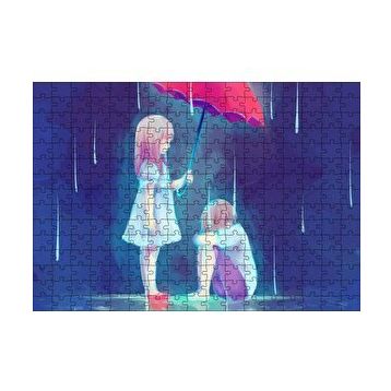 Cakapuzzle Yağmurda Kırmızı Şemsiyeli Küçük Kız ve Erkek Çizim 120 Parça Ahşap Puzzle