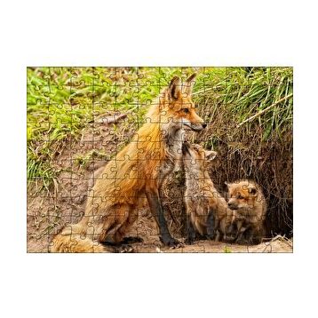 Cakapuzzle Yuvanın Girişinde Anne Tilki ve Yavruları 120 Parça Ahşap Puzzle