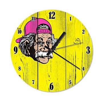Cakasaat Ahşap Zeminde Pembe Şapkalı Albert Einstein Duvar Saati