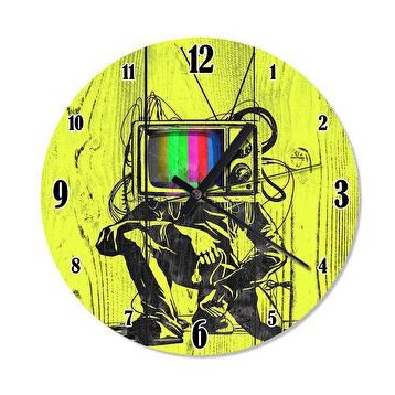 Cakasaat Ahşap Zeminde Tv Ekranı Kafalı Adam Duvar Saati