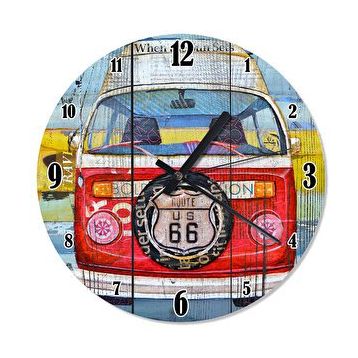 Cakasaat Ahşap Zeminde Volkswagen Route 66 Duvar Saati