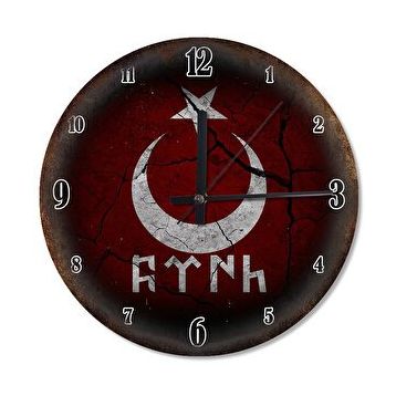 Cakasaat Bayrak Eski Türk Yazısı Çatlak Zeminde Akarlı Duvar Saati