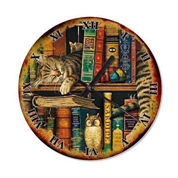 Cakasaat Eski Zeminde Kütüphanede Uyuyan Kedi Duvar Saati