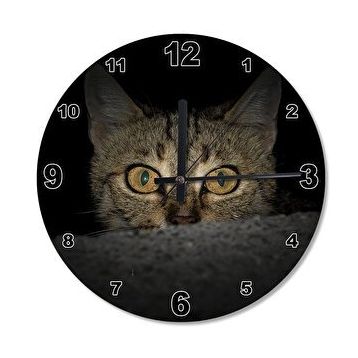 Cakasaat Sarı Gözlü Kedi Ahşap Duvar Saati