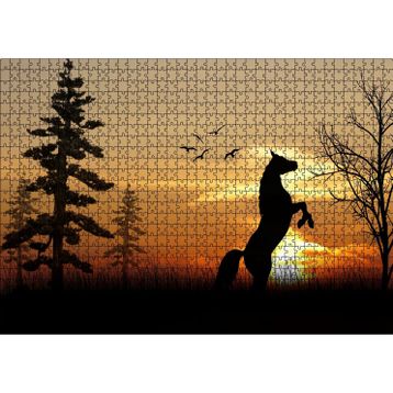 Cakatablo Şahlanan At Kuşlar Ağaçlar ve Günbatımı 1000 Parça Puzzle