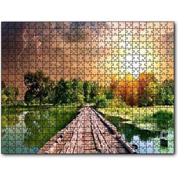Cakatablo Tahta Köprü Göl Ağaçlar Bulutlu Güneş Görseli 1000 Parça Puzzle