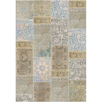 Çam Halı TD768 Gloria Bej Mavi Patchwork Desen Dokuma Saçaklı Kilim