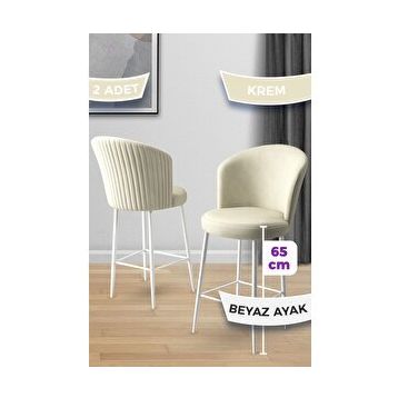 Canisa 22ALTEBYZ02 Alte Serisi 2 Adet Krem Babyface Kumaş Beyaz Metal Ayak Bar Sandalyesi