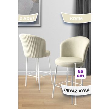 Canisa 22ALTEBYZ02 Alte Serisi 2 Adet Krem Babyface Kumaş Beyaz Metal Ayak Bar Sandalyesi