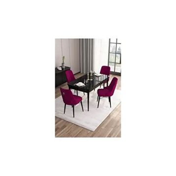Canisa Are Serisi 80x132 MDF Açılabilir Siyah Mermer Desen Masa Takımı Gold Halkalı Mürdüm 4 Sandalye
