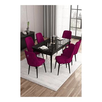Canisa Are Serisi 80x132 MDF Açılabilir Siyah Mermer Desen Masa Takımı Gold Halkalı Mürdüm 6 Sandalye