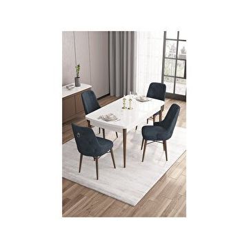 Canisa Are Serisi Beyaz Masa Ceviz Ayak MDF 80x132 Açılabilir Yemek Odası Takımı Gümüş Halkalı Antrasit 4 Sandalye