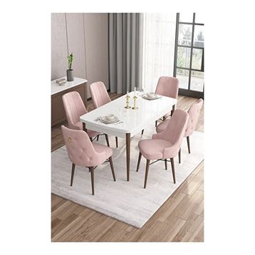 Canisa Are Serisi Beyaz Masa Ceviz Ayak MDF 80x132 Açılabilir Yemek Odası Takımı Gümüş Halkalı Pembe 4 Sandalye