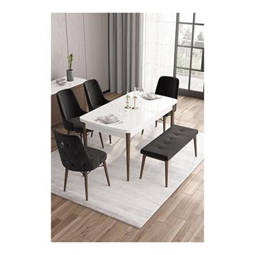 Canisa Are Serisi Beyaz Masa Ceviz Ayak MDF 80x132 Açılabilir Yemek Odası Takımı Gümüş Halkalı Siyah 4 Sandalye
