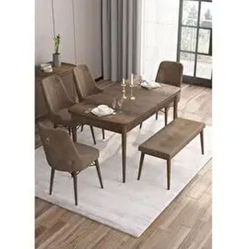 Canisa Are Serisi MDF 80x132 cm Açılabilir Barok Ahşap Desen 4 Sandalye Gold Halkalı ve 1 Bench Kahverengi Mutfak Masası Takımı