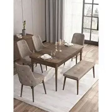 Canisa Are Serisi MDF 80x132 cm Açılabilir Barok Ahşap Desen 4 Sandalye Gümüş Halkalı ve 1 Bench Cappucino Mutfak Masası Takımı