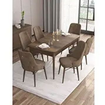 Canisa Are Serisi MDF 80x132 cm Açılabilir Barok Ahşap Desen 6 Sandalye Gold Halkalı Kahverengi Mutfak Masası Takımı