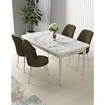 Canisa Arp Serisi Beyaz Mermer Desen 70x110 cm 4 Kahverengi Sandalye Mutfak Masa Takımı