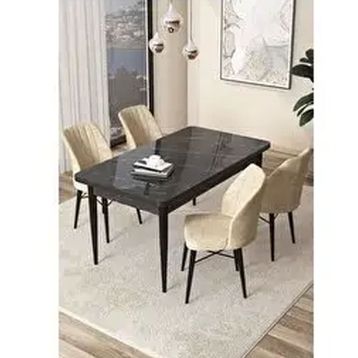Canisa Arp Serisi Siyah Mermer Desen 70x110 cm Sabit Krem Mutfak Masa Takımı