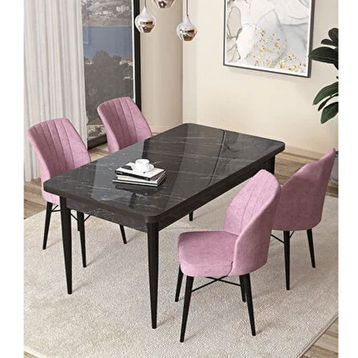 Canisa Arp Serisi Siyah Mermer Desen 70x110 cm Sabit Pembe Mutfak Masa Takımı
