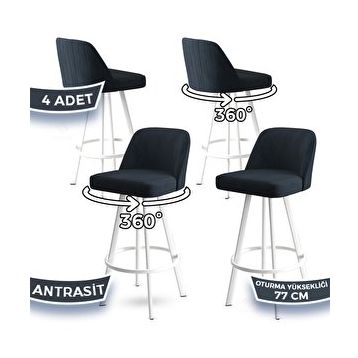 Canisa Atex Serisi 4 Adet Antrasit 1. Sınıf Babyface Kumaş Beyaz Metal Ayaklı Döner Bar Sandalyesi
