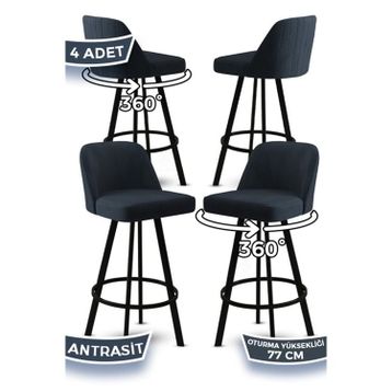 Canisa Atex Serisi 4 Adet Antrasit 1. Sınıf Babyface Kumaş Siyah Metal Ayaklı Döner Bar Sandalyesi