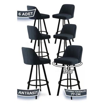 Canisa Atex Serisi 6 Adet Antrasit 1. Sınıf Babyface Kumaş Siyah Metal Ayaklı Döner Bar Sandalyesi