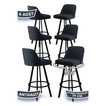 Canisa Atex Serisi 6 Adet Antrasit 1. Sınıf Babyface Kumaş Siyah Metal Ayaklı Döner Bar Sandalyesi