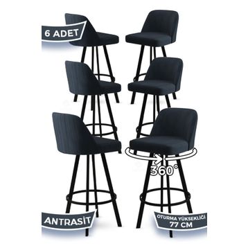 Canisa Atex Serisi 6 Adet Antrasit 1. Sınıf Babyface Kumaş Siyah Metal Ayaklı Döner Bar Sandalyesi