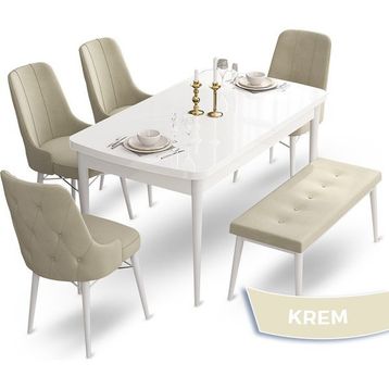 Canisa Concept Ahu Serisi 80x132 cm Açılabilir Beyaz Masa 4 Sandalye 1 Bench Krem Mutfak Masa Takımı