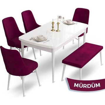 Canisa Concept Ahu Serisi 80x132 cm Açılabilir Beyaz Masa 4 Sandalye 1 Bench Mürdüm Mutfak Masa Takımı
