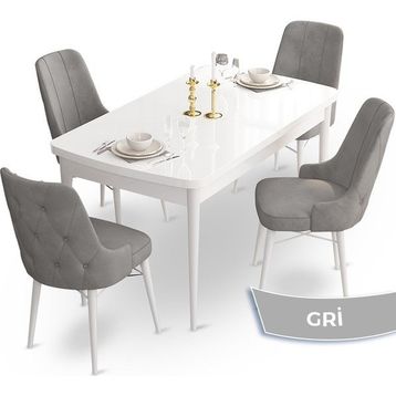 Canisa Concept Ahu Serisi 80x132 cm Açılabilir Beyaz Masa 4 Sandalye Gri Mutfak Masa Takımı