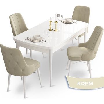 Canisa Concept Ahu Serisi 80x132 cm Açılabilir Beyaz Masa 4 Sandalye Krem Mutfak Masa Takımı