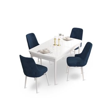 Canisa Concept Ahu Serisi 80x132 cm Açılabilir Beyaz Masa 4 Sandalye Lacivert Mutfak Masa Takımı