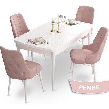 Canisa Concept Ahu Serisi 80x132 cm Açılabilir Beyaz Masa 4 Sandalye Pembe Mutfak Masa Takımı