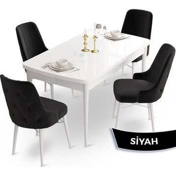Canisa Concept Ahu Serisi 80x132 cm Açılabilir Beyaz Masa 4 Sandalye Siyah Mutfak Masa Takımı