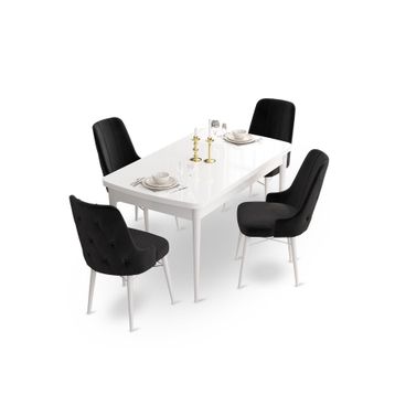 Canisa Concept Ahu Serisi 80x132 cm Açılabilir Beyaz Masa 4 Sandalye Siyah Mutfak Masa Takımı
