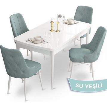 Canisa Concept Ahu Serisi 80x132 cm Açılabilir Beyaz Masa 4 Sandalye Su Yeşili Mutfak Masa Takımı