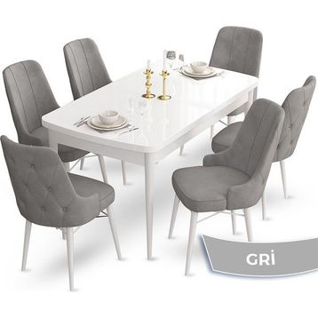 Canisa Concept Ahu Serisi 80x132 cm Açılabilir Beyaz Masa 6 Sandalye Gri Mutfak Masa Takımı