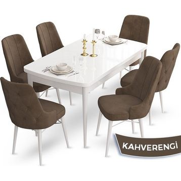 Canisa Concept Ahu Serisi 80x132 cm Açılabilir Beyaz Masa 6 Sandalye Kahverengi Mutfak Masa Takımı